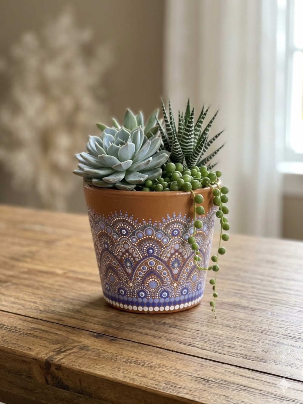 Hand Painted Deroma Terracotta Planter Pot 4.5” Mandala Dot Art Boho Decor. New.